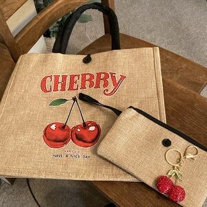 Cherry Print Jute Tote Bag w/Pouch & Purse Charm/Keychain Bundle NWOT